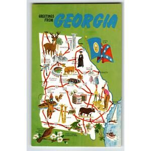 Greetings From Georgia Postcard Map Chrome State Brown Thrasher Bird Flag Unused